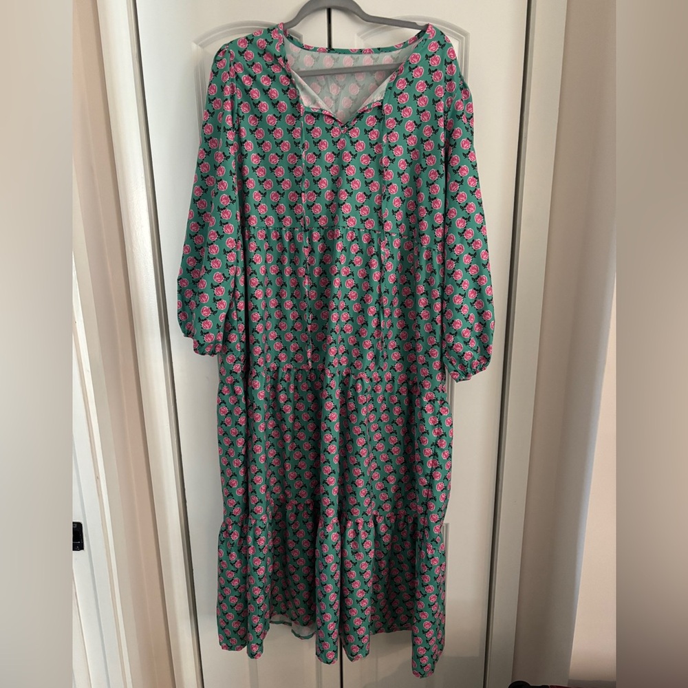 XXL H&M puffy sleeve Teal and Pink flower dress.